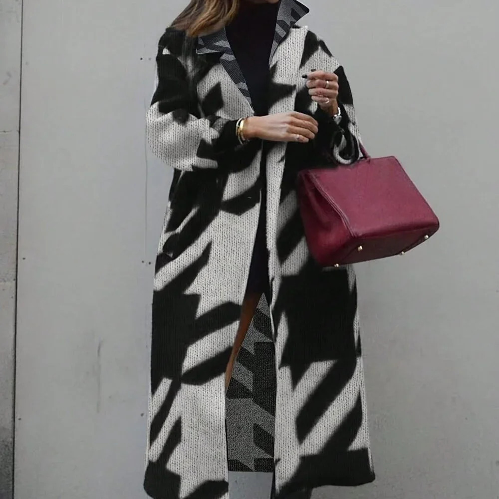 Black Casual Women's Contrast Color Long Sleeve Printed Knit Cardigan